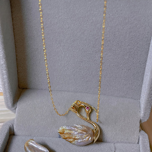 Love Crush Jewelry De Feather Natural Baroque Pearl Necklace, Swan Pendant S925 Silver /14K Filled Gold Chain Necklace